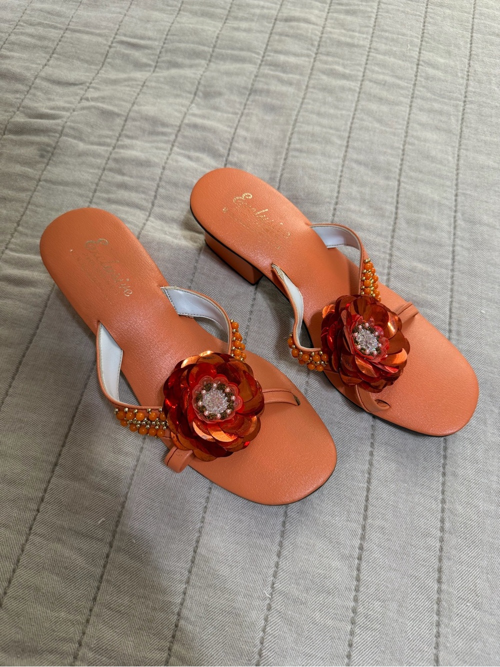 Women’s Orange Floral Embellished Slide Sandals